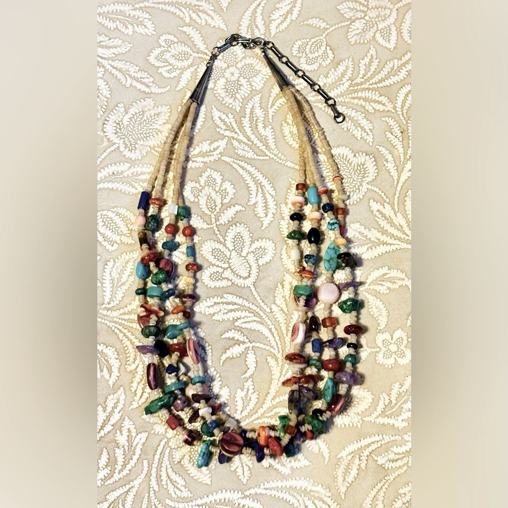 Vintage Sterling Natural Stone Heshi Multi Strand Necklace 1970s
